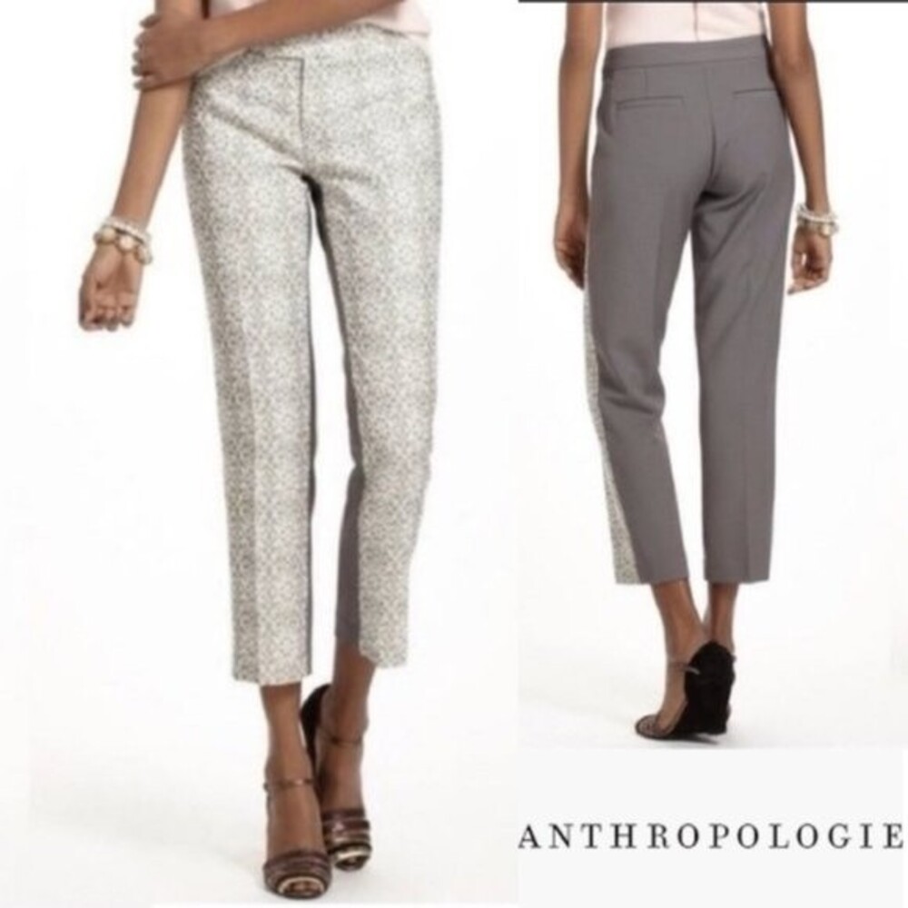 Elevenses Anthropologie Women's White Gray Lace Panel Cropped Pants Size 10